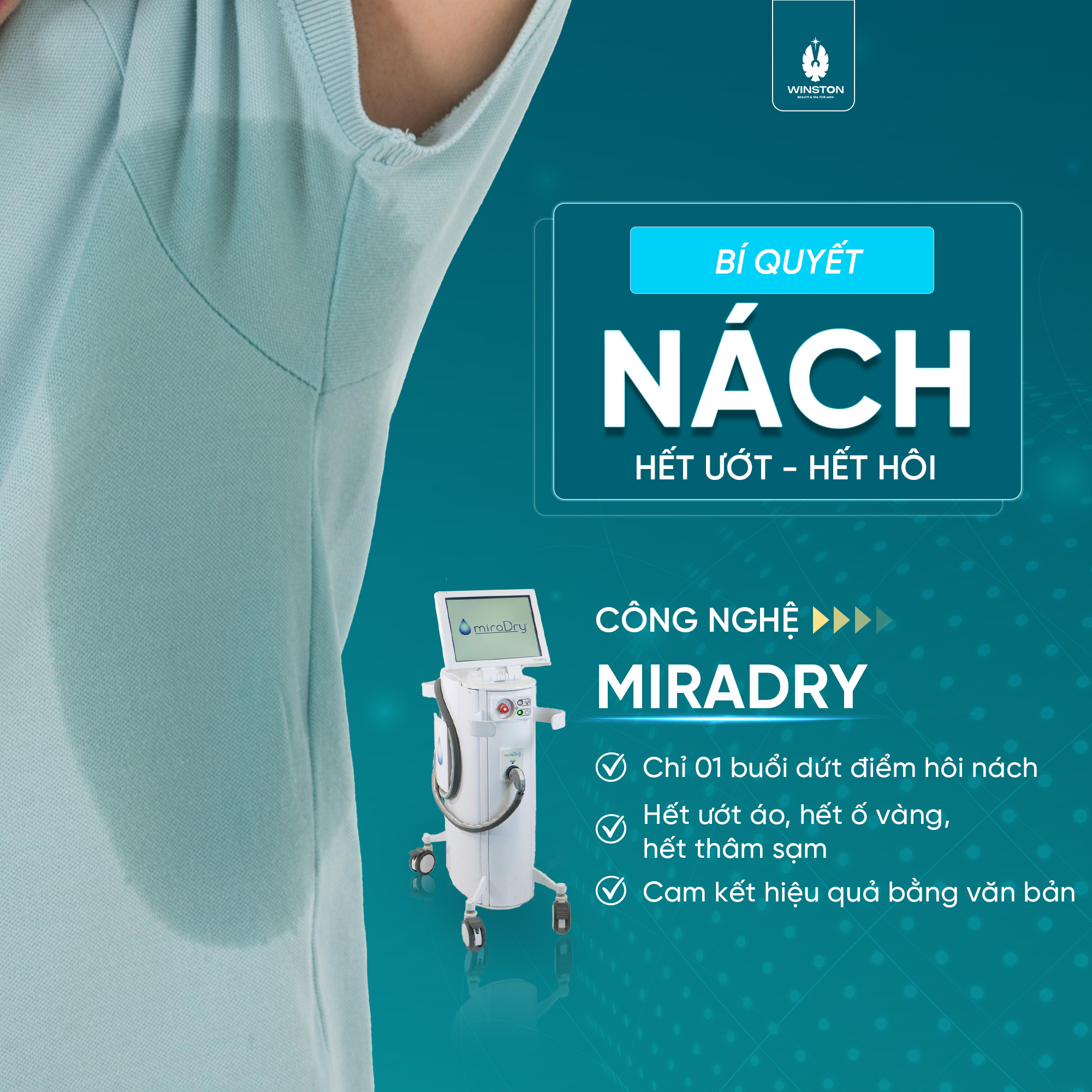 Công nghệ Miradry - một trong những công nghệ được Winston ứng dụng là Laser/Vi sóng/Điện trường cao tần (tùy từng cơ địa khách hàng) giúp phá hủy tuyến mồ hôi nhưng vẫn an toàn cho mô xung quanh.